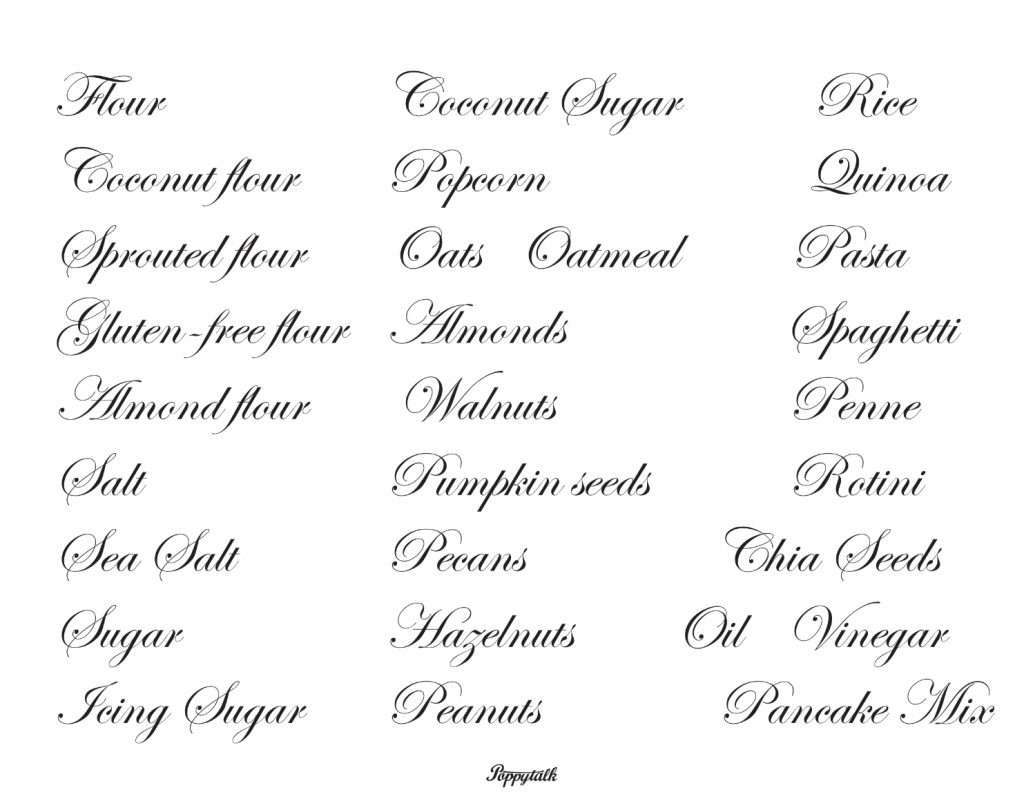 cursive labels for the pantry