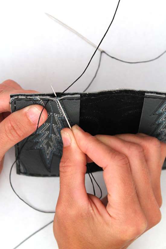 Sewing a wallet made from cowboy boot leather