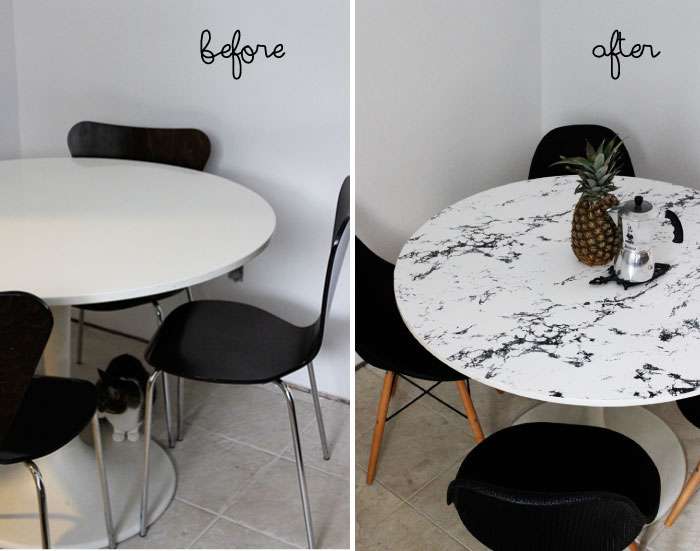 Before and after faux marble table top hack